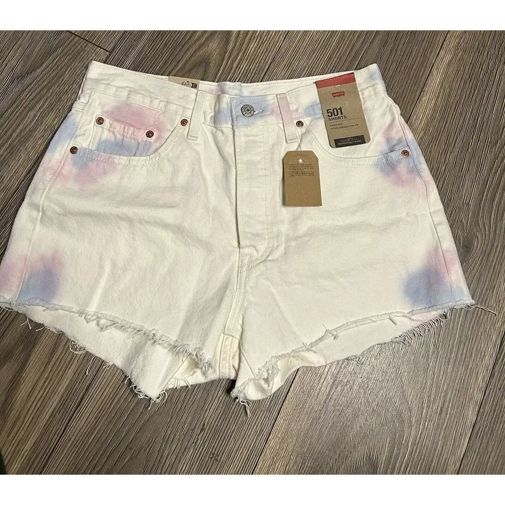 NWT levi's 501 White Tie Dye Festival Denim Jean Cutoff Shorts‎ 29